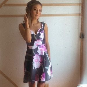 CLASSIC Navy floral Fitted off the shoulder dress